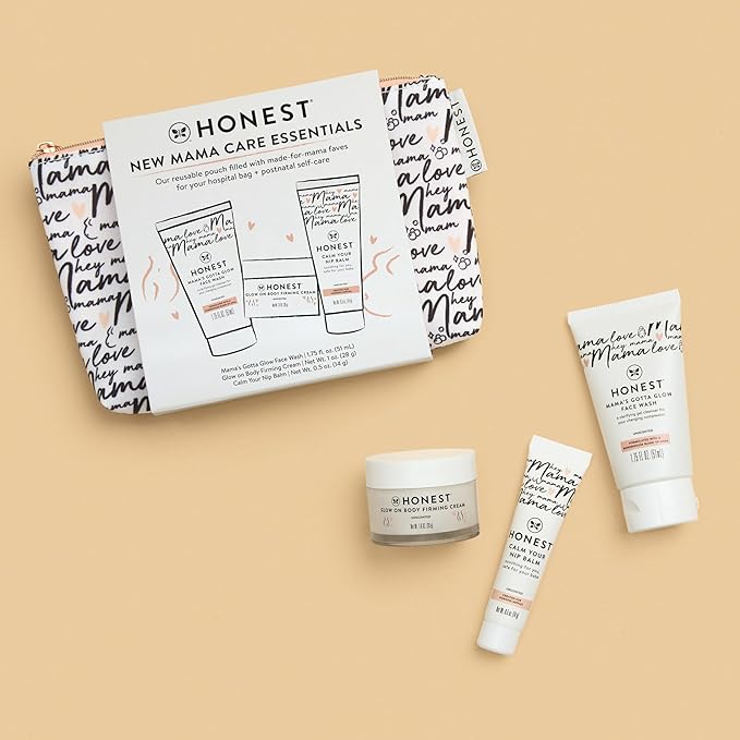 The Honest Company New Mama Care Essentials Gift Set, Hospital Bag Must Haves, Travel Size Nip Balm (0.5 oz) Glow On Body Cream (1 Gotta Face Wash (1.75 fl) with Reusable Pouch | Travel Size, Reusable Pouch
