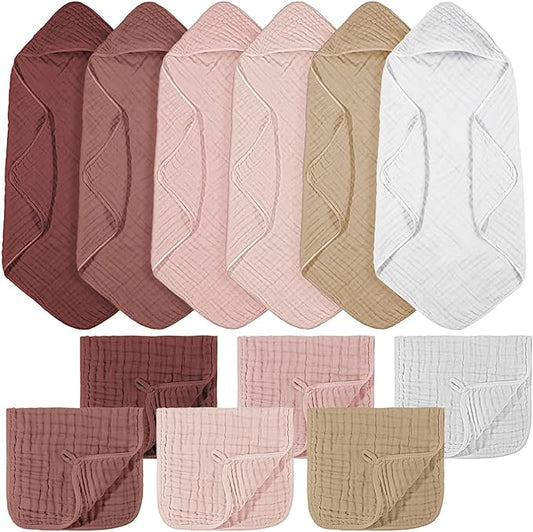 VitalCozy 12 Pcs Baby Muslin Hooded Bath Towels and Washcloths Muslin Cotton Hooded Baby Towels Absorbent Blankets for Gift Newborn Infant Shower (32 x 32 Inch,Girl Style)