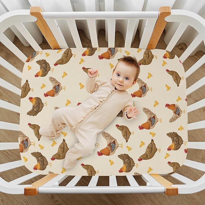 Pfrewn Crib Sheets for Boys Girls Hens Roosters Chickens Set Fitted Crib Sheet for Mini Crib Mattress Stretch Soft Toddler Baby Playard Sheet, 39x27x5IN