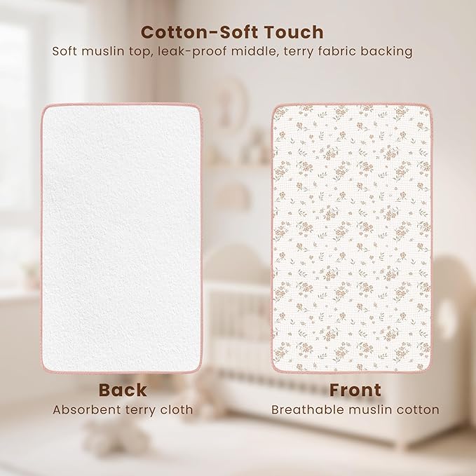 Konssy 2 Pack Waterproof Muslin Cotton Portable Changing Pad 30"x 17", Soft & Foldable Baby Changing Mat Travel Pad with Terry Backing, Shower Gift for Newborn Girls Boys (Pink,Blossom)