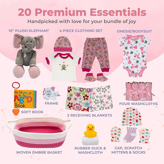 Bundle of Joy Deluxe New Baby Gift Basket | Newborn Baby Girl Gift Set with Baby Essentials | Baby Gift Basket for Expecting Moms | Baby Layette Set | Pink Baby Gift Set | Nikki's Gift Baskets