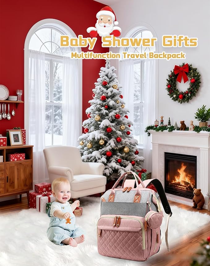 Diaper Bag with Changing Station, Waterproof 3 in 1 Baby Diaper Backpack with Foldable Changing Pad, Pink-Grey