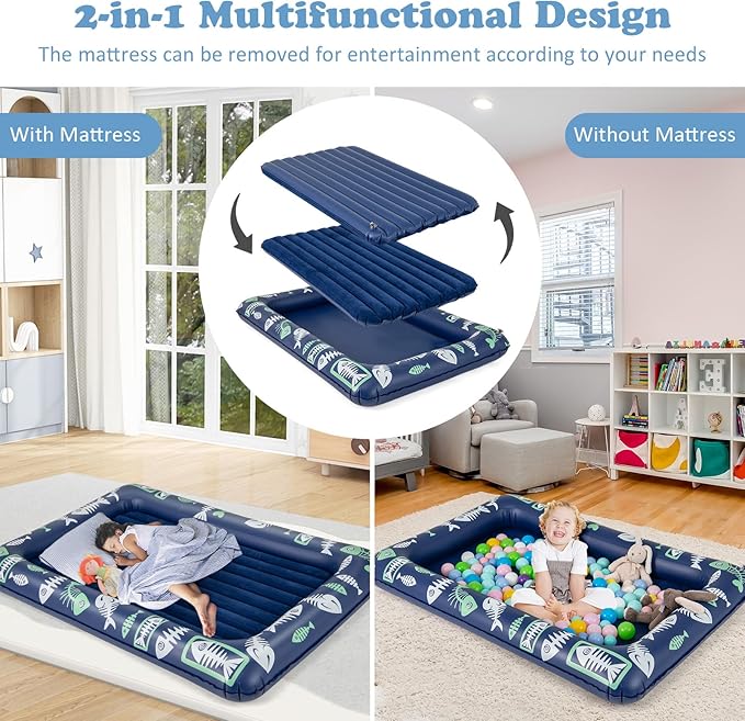 Costzon Inflatable Toddler Travel Bed, Kids Air Mattress Set w/Electric Pump, 4 Sides Safety Bumper & 2-in-1 Multifunctional Design, Portable Toddler Bed for Travel, Camping, Home-use (Blue)