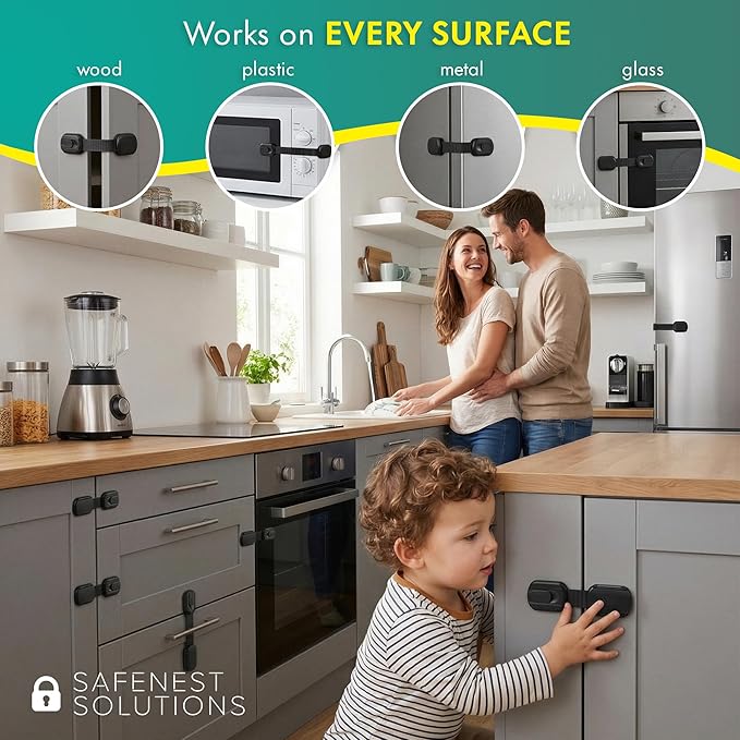 SAFENEST Child Proof Cabinet Locks (5 Pack Black) 3M Adhesive for Cabinets and Drawers, Fridge, Drawer Locks Baby Proofing, No Drilling; Alcohol Prep Pads Included