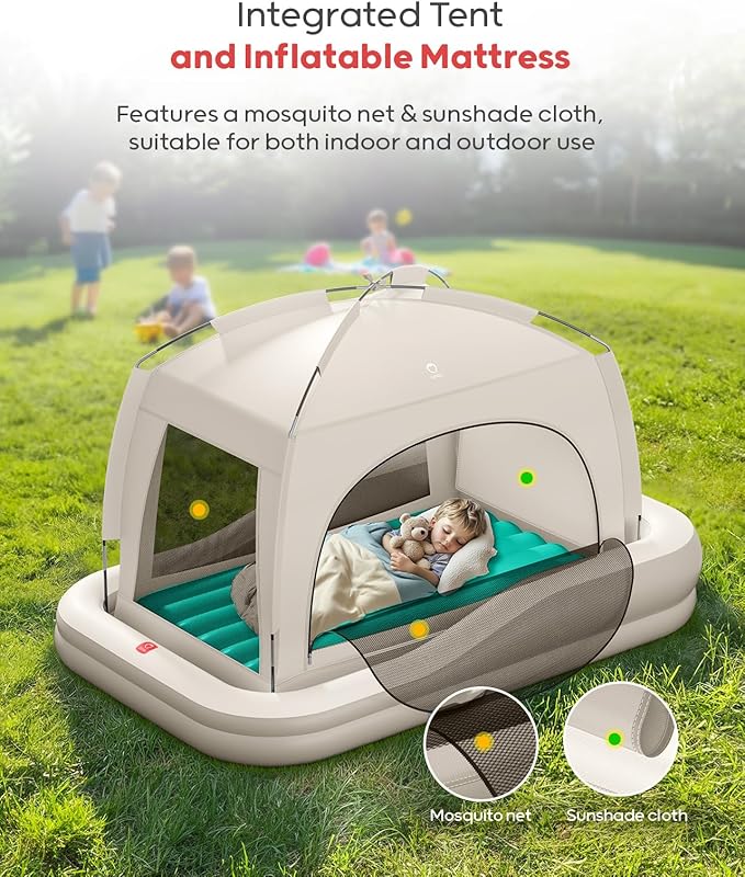 QPAU Inflatable Toddler Travel Bed with Tent, Portable Kids Air Mattress with Safety Sides, Ideal for Home, Grandma's, Camping, Traveling -Includes Fast Electric Pump