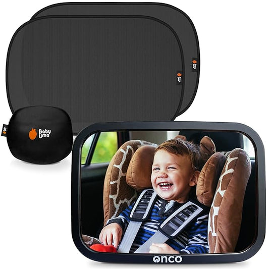 Onco Baby Car Mirror & Car Window Shades Bundle (18.9″ × 12″) - UPF 50+ Window Shade, 100% Shatter-Proof Car Mirror for Baby, Universal Shades & Mirror