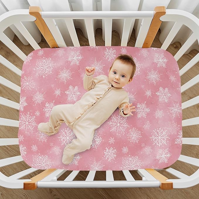 Pfrewn Christmas Crib Sheets for Boys Girls Pink Retro Snowflakes Fitted Crib Sheet for Mini Crib Mattress Stretch Soft Winter Pattern Toddler Baby Playard Sheet,39x27IN