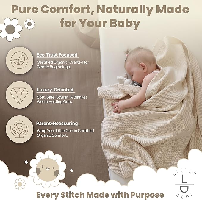 Little Dedi 100% Organic Cotton Baby Knitted Blanket with Gift Box - Soft Toddler, Crib, Stroller Blanket - Neutral Swaddle and Receiving Blanket for Newborns, 30"x40", Beige
