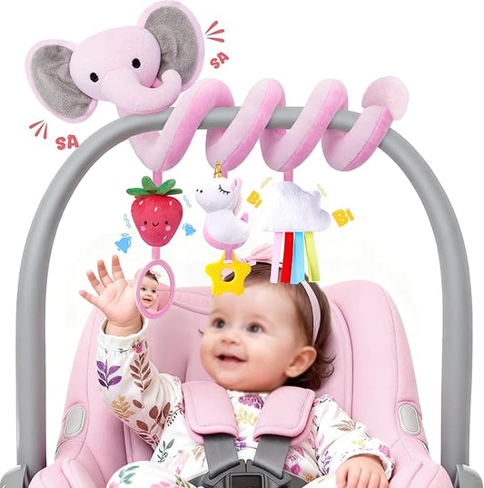 Spiral Car Seat Toys for Baby Girls 0-6 Months, Cute Pink Elephant Strawberry Stuff, Perfect Newborn Shower Gifts for Girls Essentials