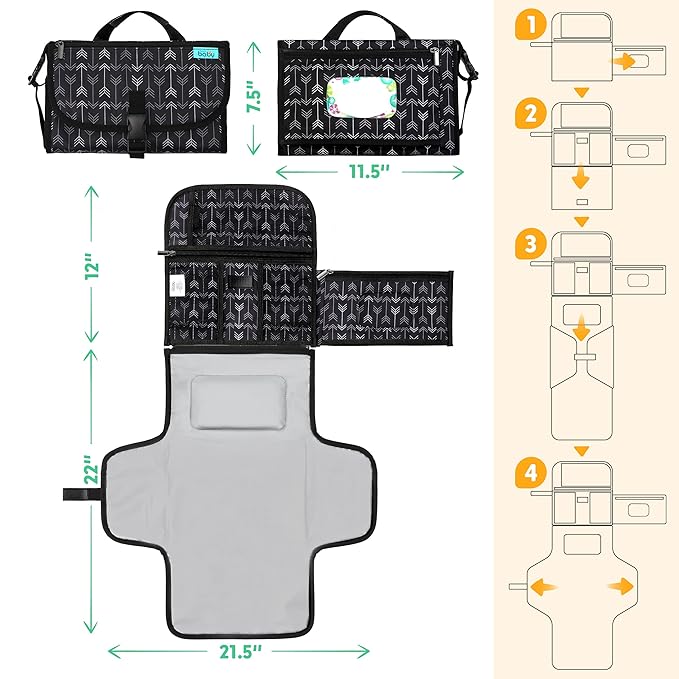 Kopi Baby Portable Diaper Changing Pad-Baby Diaper Changer Travel Bag with Wipes Pocket, Smart Design Portable Changing Mat, Infant Travel Station Kit, Gift for Newborn Girl & Boy-Black Arrows,Premium