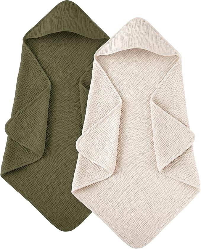 Susurration Hooded Baby Towels for Newborn 2 Pack 100% Muslin Cotton Towel for Babies，Highly Absorbent and Newborn Essential 30x30 Inch Cream&Dark Green