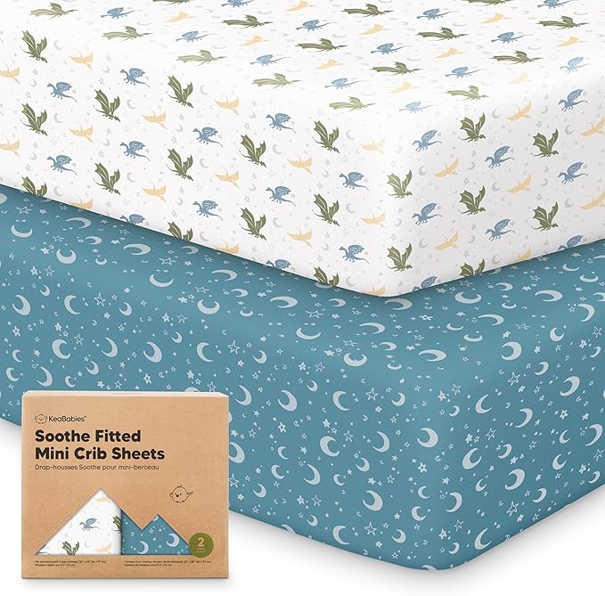 2-Pack Mini Crib Sheets Fitted - 38x26 Pack N Play Sheets for Pack and Play Mattress, Organic Cotton, Soft & Breathable Playard Bedding, Neutral Mini Toddler Bed Cover for Boys, Girls (Dragon Tale)