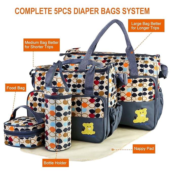 Moclever 5PCS Diaper Bag Tote Set for Baby Essentials – Large Baby Bags for Mom, Waterproof Maternity Bags with Bottle Bag, Food Bag & Changing Pad (Gray)