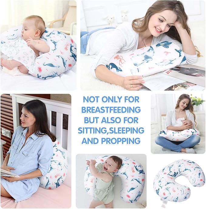 LAT Nursing Pillow for Breastfeeding,100% Cotton Removable Cover,Ergonomic Breast Feeding Pillows for Mom and Baby,Machine Washable (Ocean World)