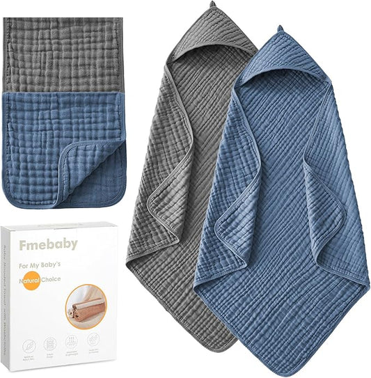 Fmebaby Hooded Baby Towels for Newborn 2 Pack 36x36 Inch Muslin Cotton Baby Bath Towel and 2 Pack Washcloths for Babies, Infant, Toddler and Kids, Soft and Absorbent Newborn Essential(Grey and Blue)