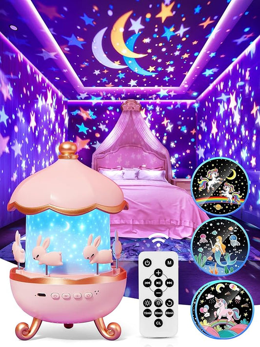 Carousel Night Light for Kids, 15 Music+15 Films+315 Colors Star Projector for Kids Night Light Projector,360°+Remote+1200mah Unicorn Toys for Girls Room Decor, Valentines Gifts for Kids, Girls, Baby