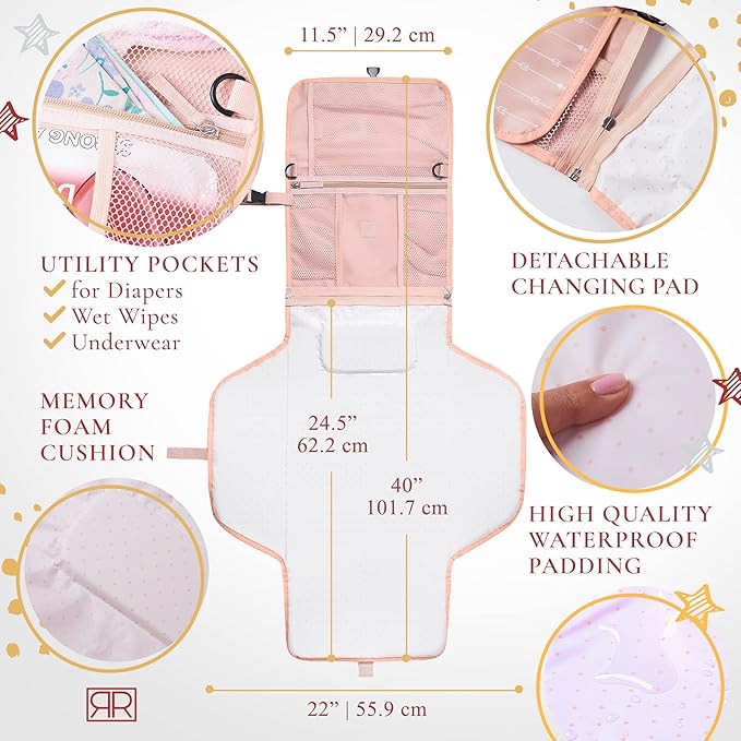 Premium Portable Diaper Changing Pad – CPC Certified Waterproof 2-in-1 Diaper Clutch & Changing Mat with Head Cushion – Bonus Insulated Bottle Bag – Travel Kit Gift for Baby Girls & Boys (Peach)