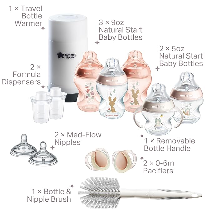 Tommee Tippee Natural Start 14 Piece Baby Bottle, Travel Bottle Warmer & Pacifier Set, 5 BPA Free Bottles, 0+ Months, 2 Newborn Pacifiers, 2 Extra Nipples, 2 Formula Dispensers, Bottle Brush, Pink
