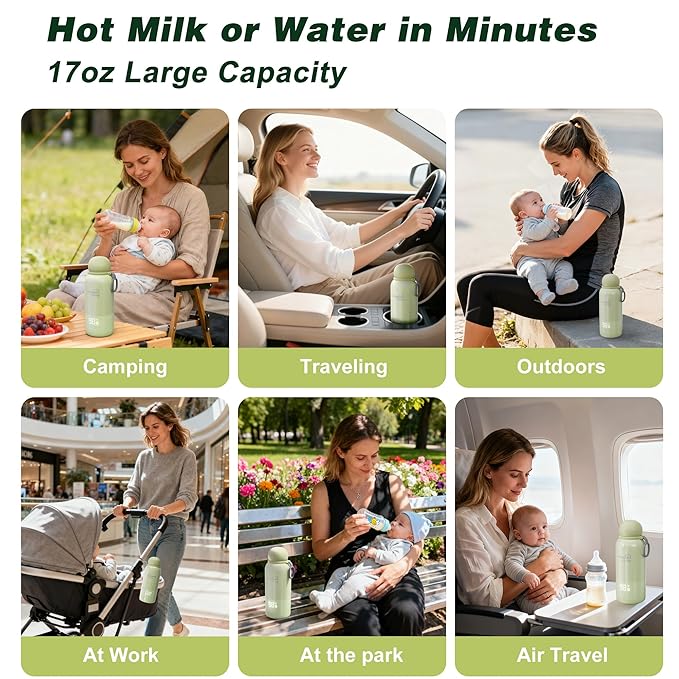 Portable Bottle Warmer for Travel, Double Leakproof, Heating Milk & Water Faster, Cordless Milk Warmer with Two Removal Rechargeable Battery, Anti-Dry & Anti-Burn Protection, 17oz