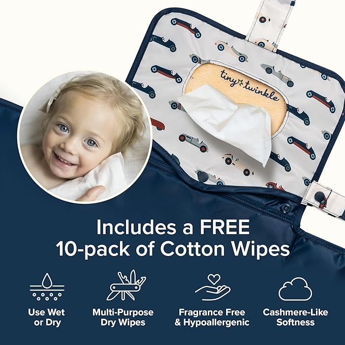 Tiny Twinkle Portable Diaper Changing Pad | Waterproof, Wipeable & Compact Baby Changing Pad for Travel | Smart Wipes Pocket & Organized Storage| Newborn Shower Gift (Vintage Cars)