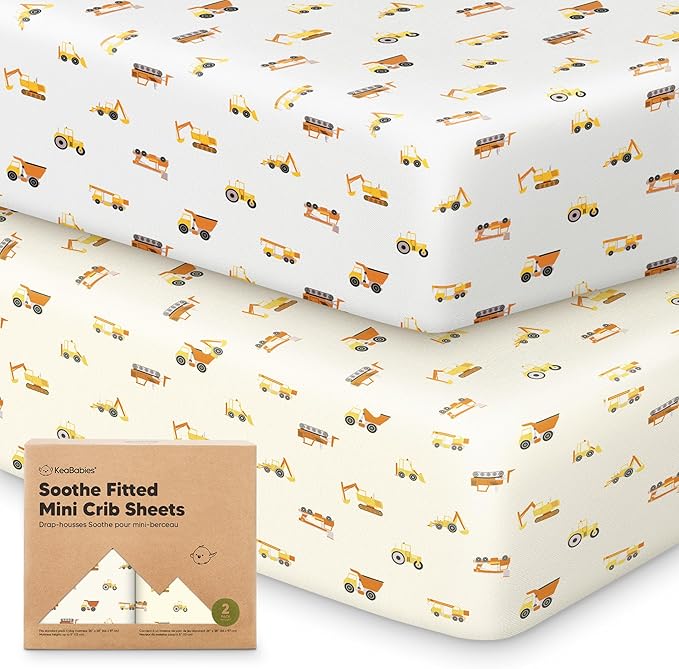 2-Pack Mini Crib Sheets Fitted - 38x26 Pack N Play Sheets for Pack and Play Mattress, Organic Cotton, Soft & Breathable Playard Bedding, Neutral Mini Toddler Bed Cover for Boys, Girls (Construction)