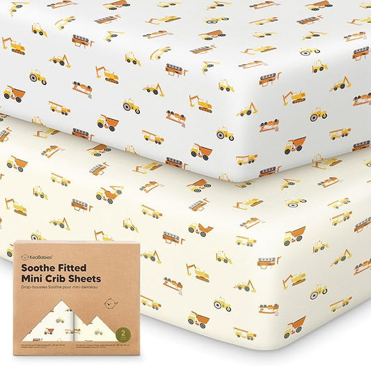 2-Pack Mini Crib Sheets Fitted - 38x26 Pack N Play Sheets for Pack and Play Mattress, Organic Cotton, Soft & Breathable Playard Bedding, Neutral Mini Toddler Bed Cover for Boys, Girls (Construction)