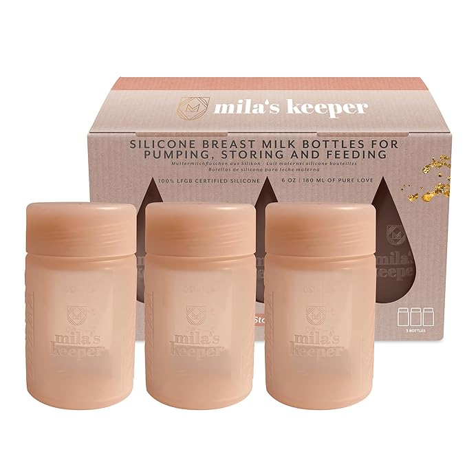 Mila's Keeper Silicone Breast Milk Storage Bottles, for Pumping, Storing and Feeding, Fits Leading Pumps and Nipples, 6 oz Silicone Milk Storage Containers, Wide Pink Sands, Set of 3