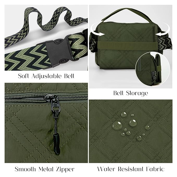 Small Diaper Bag with Portable Changing Pad, Mini Crossbody Diaper FannyPack with Wipes Pocket, Women Waist Bag for Travel (Quilted Olive Green, Large)
