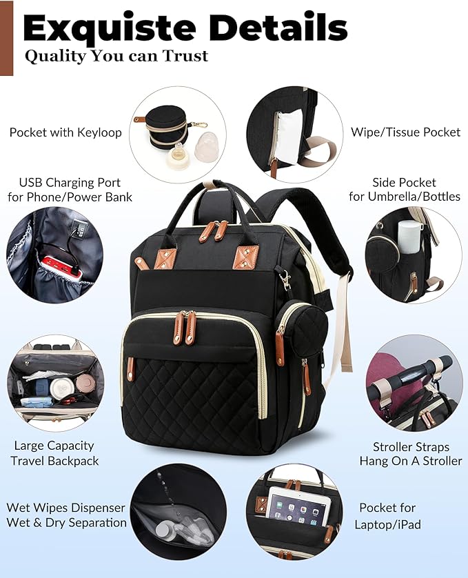 Diaper Bag with Changing Station, Waterproof 3 in 1 Baby Diaper Backpack with Foldable Changing Pad, Large Travel Back Pack for Baby Girl Boy, Baby essentials, Black