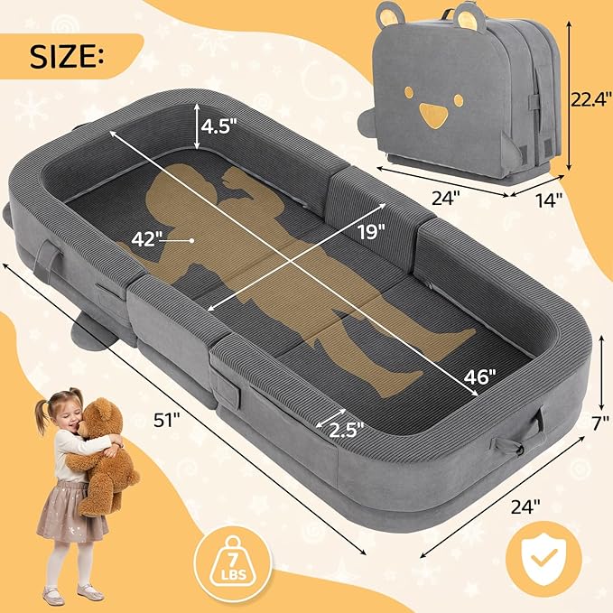MAMIZO Toddler Travel Bed,Foldable Portable Toddler Floor Bed with Soft Foam for Baby and Kids Aged 1-4,Washable Cover Travel Crib with Safety Rail for Home,Hotel,Family Visits,Camping,Grey