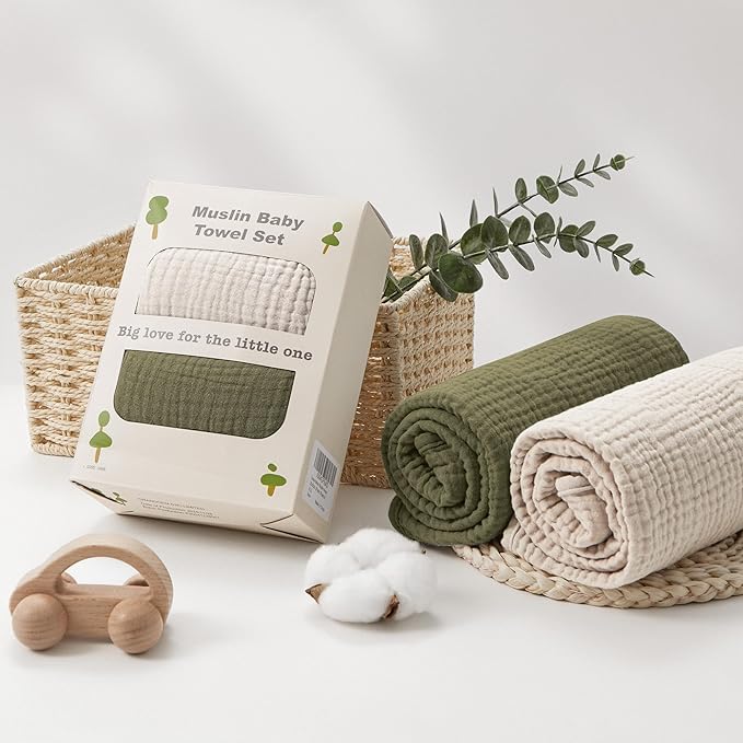 Susurration Hooded Baby Towels for Newborn 2 Pack 100% Muslin Cotton Towel for Babies，Highly Absorbent and Newborn Essential 30x30 Inch Cream&Dark Green