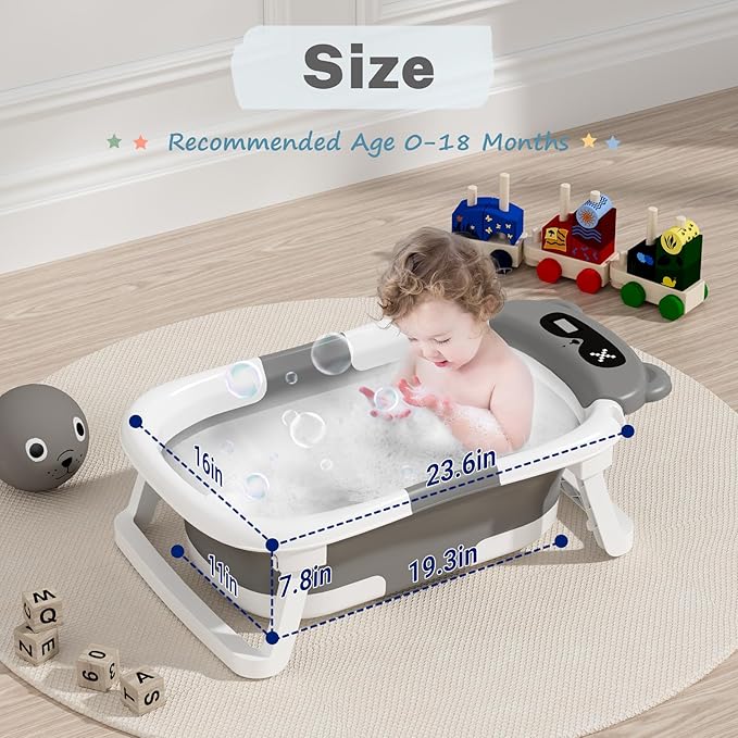 AVIDOR Baby Bathtub,Collapsible Bathtub for Newborn to Toddler,Durable Essential Infant Bath Tub,Portable Travel Baby Tub with Soft Cushion,No-Slip Hanging and Detachable(Grey)