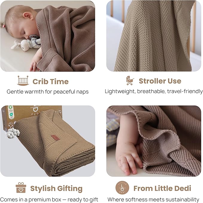 Little Dedi 100% Organic Cotton Baby Knitted Blanket with Gift Box - Soft Toddler, Crib, Stroller Blanket - Neutral Swaddle and Receiving Blanket for Newborns, 30"x40", Mocha Meringue