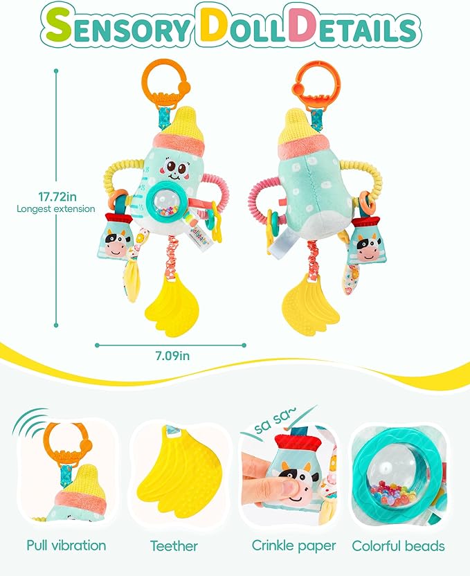 Jollybaby Baby Pull Vibration Toy - Tummy Time Sensory Hanging Toys for Car Seat, Stroller, Crib & Play Gym, with Babier Teether, Airplane Travel Toys for Toddlers Gift - Baby Bottle