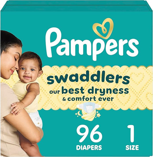 Pampers Swaddlers Diapers, Size 1 (8-14 lbs), 96 Count, Absorbent, Keeps Baby Dry and Comfortable, Skin Safe Disposable Baby Diaper (Packaging May Vary)