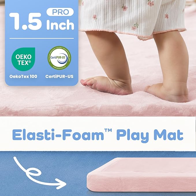 1.5" Thick Baby Play Mat for Floor Tummy Time, Large Pro Soft Foam Activity Playmats Playroom, Easy Care with Non-Slip Safe for Infant Toddler Kids Crawling79"x 118" (Pink)