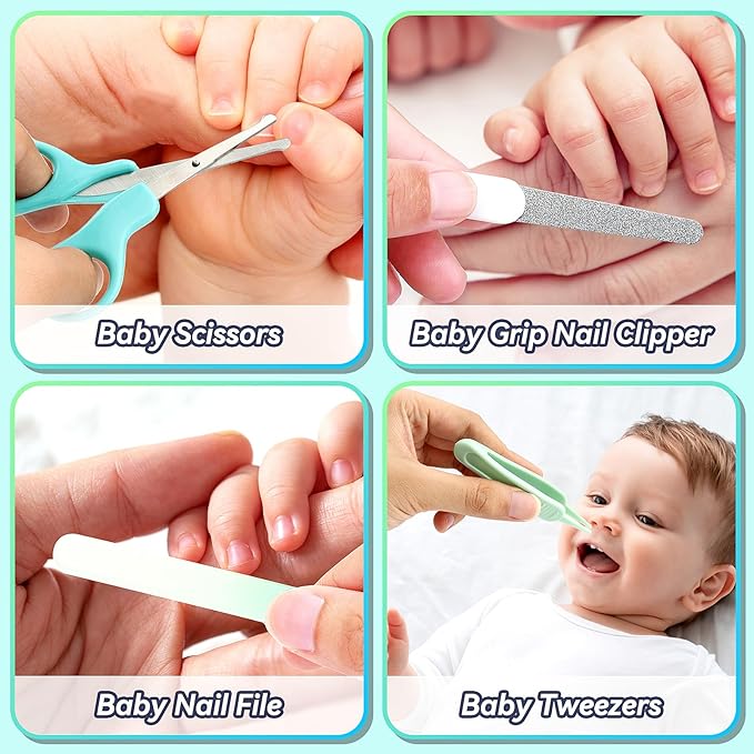 Baby Healthcare and Grooming Kit, 14 in 1 Baby Safety Set Newborn Nursery Health Care Set with Hair Brush Scale Nail Clippers for Baby Girls Boys(14 Kits Green)
