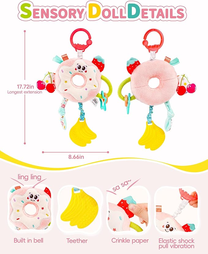 Jollybaby Baby Pull Vibration Toy - Tummy Time Sensory Hanging Toys for Car Seat, Stroller, Crib & Play Gym, with Babies Rattles & Teether, Airplane Travel Toys for Toddlers Gift - Donut