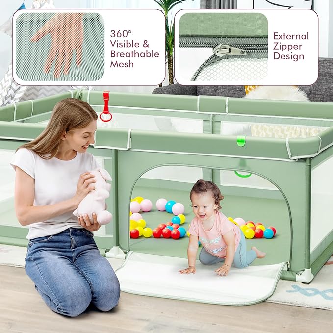 Costzon Playpen for Toddlers, Extra Large Playard Playpen for Toddlers Indoor & Outdoor with Ocean Balls, Non-Slip Suction Cups, Handlebars, Breathable Mesh, Play Pen for Babies 6-12 Months