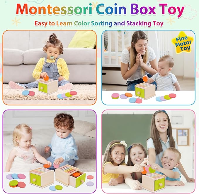 FCSONU Toddlers Montessori Coin Box Toys for 1 2 3 Year Old, Wooden Baby Toys for Toddlers 1-3, Color Sorting & Stacking Sensory Toys for Ages 2-4 Kids, Easter Birthday for Boys Girls