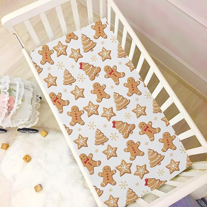 Pfrewn Christmas Crib Sheets for Boys Girls Cartoon Gingerbread Men Snowflakes Fitted Crib Sheet for Mini Crib Mattress Stretch Soft Winter Pattern Toddler Baby Playard Sheet,39x27IN