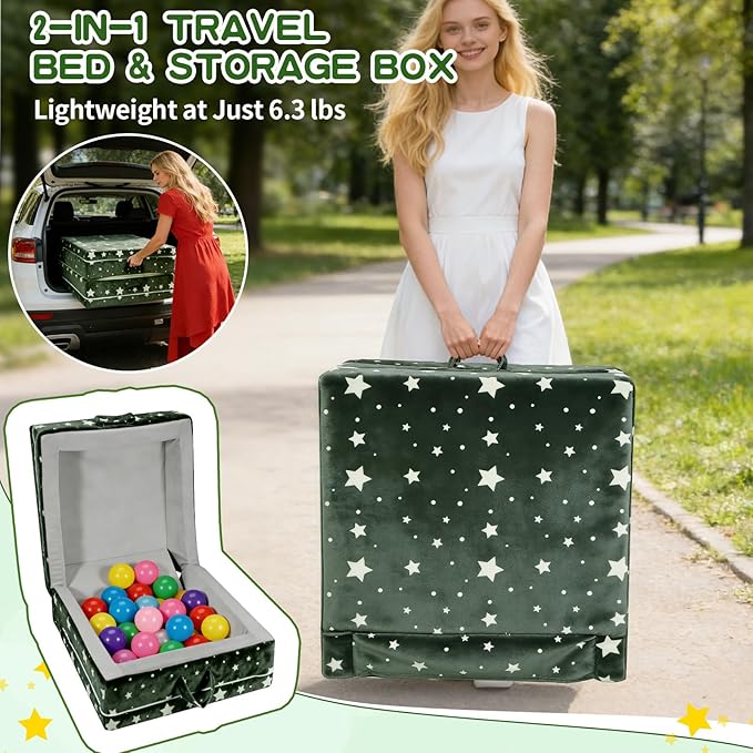 laapee Portable Toddler Travel Bed – Foldable Floor Bed for Toddlers 3-6 with 3.54" Soft Foam, 2-in-1 Travel Crib & Storage Box, Washable Cover, Grey | Easy Care