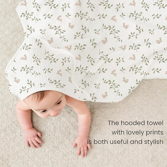 Konssy 2-Pack Muslin Hooded Baby Towels, 100% Cotton, Ultra-Soft & Absorbent Baby Bath Towels with Hood for Newborn & Infant (Fog Green, Sprout, 32" x 32")