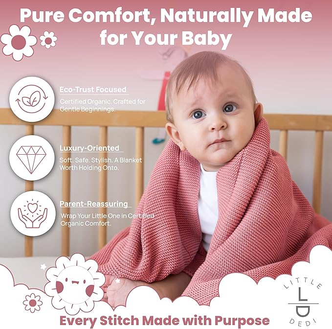 Little Dedi 100% Organic Cotton Baby Knitted Blanket with Gift Box - Soft Toddler, Crib, Stroller Blanket - Neutral Swaddle and Receiving Blanket for Newborns, 30"x40", Color Berry
