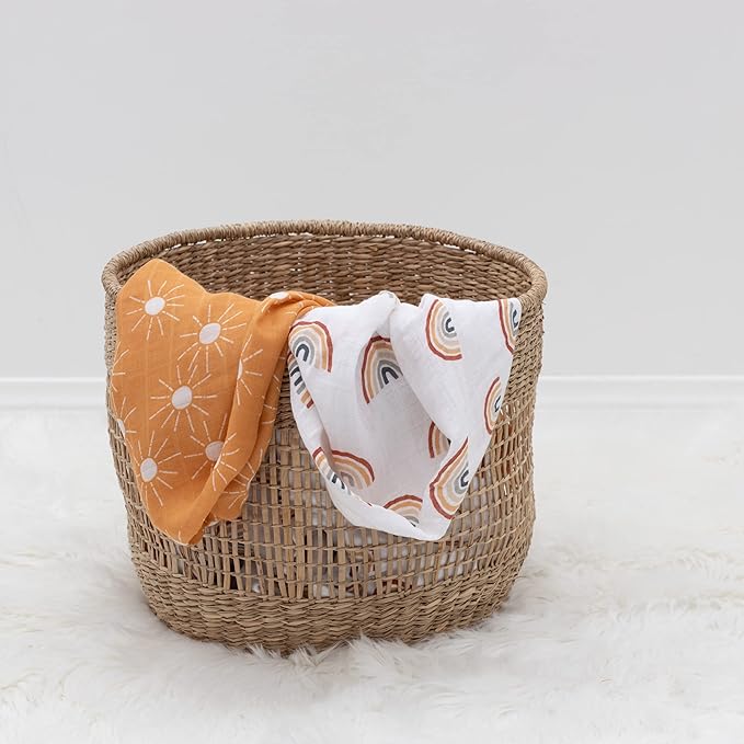 Organic Baby Muslin Swaddle Blankets for Boy or Girl - Sun and Rainbow Swaddling Blanket 2 Pack - Soft Muslin, XLarge and Breathable, Boho Baby, 47" X 47"