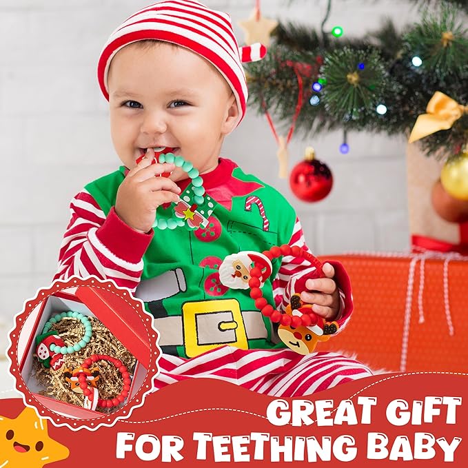 Christmas Baby Silicone Teether Toys - 2ooya 2Pcs Deer Gift Teething Ring Infant Soft Teether Toddler Sensory Chew Toy with Rattles for Newborn to Soothe Sore Gums The First Christmas Gifts for Babies