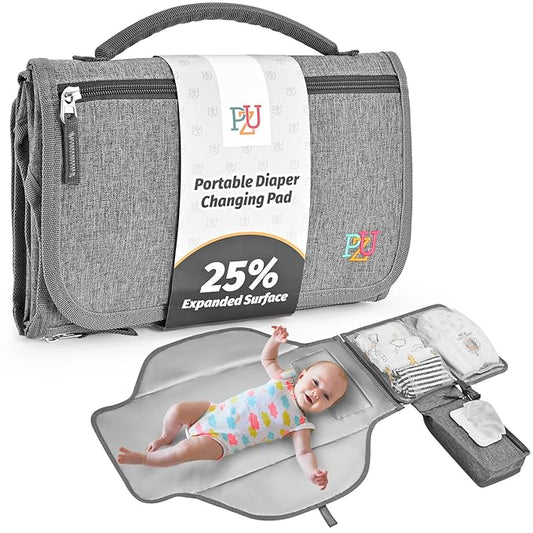 PZU Portable Diaper Changing Pad - Changing Pad Portable with Wipes Pocket, Waterproof Diaper Changing Mat, Portable Changing Pad for Baby, Newborn Gift（Grey）