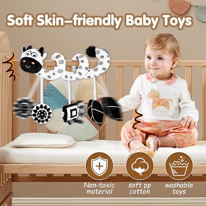 Car Seat Toys for Babies 0-6 Months,Hanging Rattle Toys for Crib Mobile, Baby Spiral Hanging Stroller Black and White High Contrast Toys for Newborn 0 3 6 9 12 Months Baby Boys Girls (Cow)