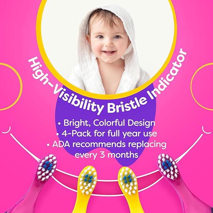 Trueocity Infant Toothbrush Set for Oral Care (12 Months+) – Soft Bristles, Small Brush Head, Easy-Grip Handle – 4-Pack (Pink & Purple)