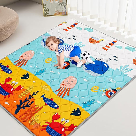 TreeBud Baby Play Mat - Thicken 71x59 Inch Soft Foam Crawling Mat for Playpen & Floor, Non-Slip Waterproof Playmats for Infants & Toddlers, Portable Foldable & Machine Washable, Ocean World